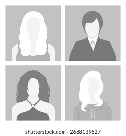 Collection of monochrome simple gray avatar icons, default male and female profiles. Diverse people avatars for social media profiles. Vector