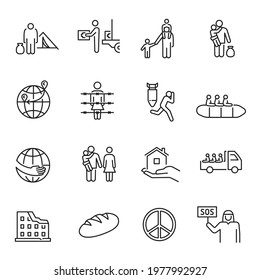 Collection of monochrome simple refugees icon vector illustration. Set of displaced person, homeless, poor, shelter, evacuate, persecution, prison, escape isolated. Concept of international problem