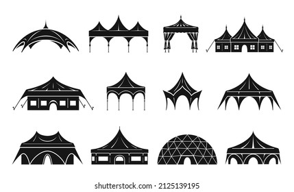 Colección monocroma tienda simple diferente ilustración vectorial de icono de forma diferente. Las siluetas están colocadas en cúpulas de camping, playa o circo, aisladas en blanco. Exterior de equipo recreativo textil