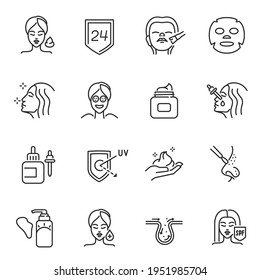 Collection of monochrome skin care icon vector illustration. Set of cosmetology procedure for face and neck isolated. Moisturizing, mask cream applying, anti age lifting spf cosmetic product package