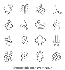 Collection of monochrome smell icon vector illustration. Set of various symbol of steam, smoke from cooking hot food or vape tobacco isolated on white. Pleasant of bed aroma or fragrance evaporate