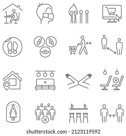 Collection monochrome social distance line icon vector illustration. Set self isolation, stay home, protection, avoid crowded, online shopping order delivery logo. Viral infection spreading prevention