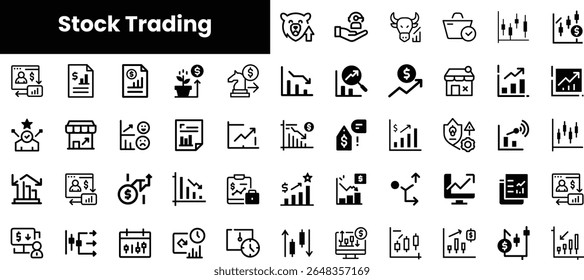A collection of monochrome stock trading icons illustrating concepts like growth, investment, and analytics, perfect for financial themes and presentations.