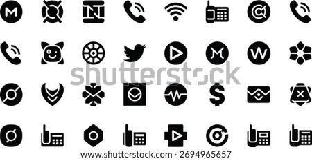 Collection of monochrome style communication circle icons vector. Call wifi phone mail media messenger options setting tool and more