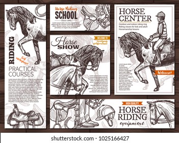 Collection of monochrome vector hand drawn cards for horse riding, school, lessons, equestrian club or academy, horseback equipment. Posters and banners with sketch illustrations with typography