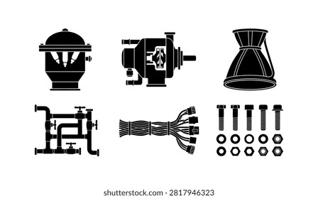 A collection of monochrome vector icons featuring industrial machinery, pipe systems, electrical wiring, and hardware fasteners isolated on a white background.