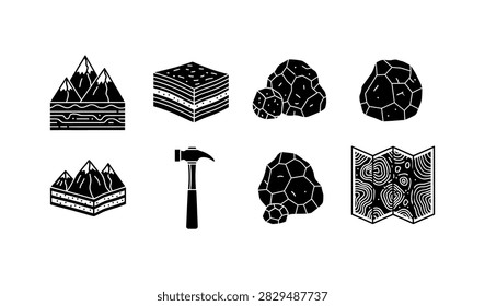 A collection of monochrome vector icons representing geology, featuring rock formations, stratigraphy, a rock hammer, and topographic maps for scientific study.