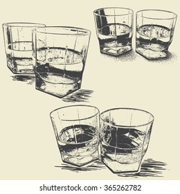 Collection of monochrome whiskey glasses . Engraving style. Vector illustration