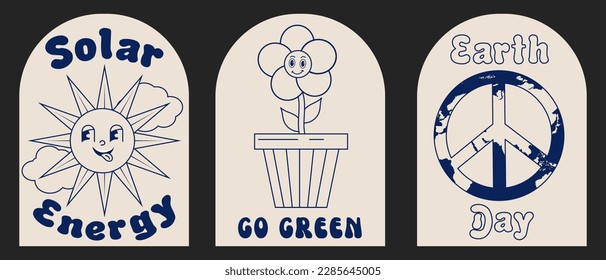A collection of monochronous eco postcards and groovy styles. Nostalgic cards for Earth Day