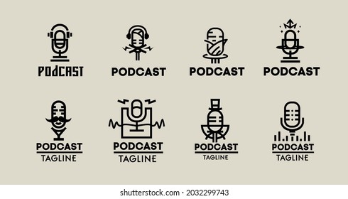 eine Kollektion von Monoline-Podcast-Logo-Sets mit einem Vintage-und minimalistischen Konzept