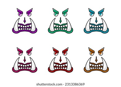 collection of monster face with fangs. purple, green, blue, pink, red and yellow. used for halloween, sticker, logo and t-shirt design