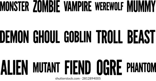 Collection of monster names like monster, zombie, vampire, werewolf, mummy, demon, ghoul, goblin, troll, beast, alien, mutant, fiend, ogre, phantom, in strong font for horror themes.
