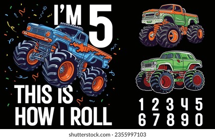 A collection of monster trucks and number for you to design the print on demand t-shirt designs for all ages kids. Make your POD work easier with this collection of truck vehicle and all numbers