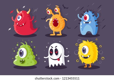 Collection monsters with electrical, toxical, frost, horrible elements for halloween. Concept set creatures for event. Vector illustration.