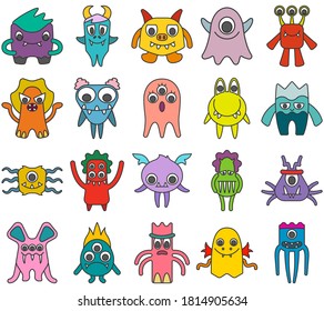 Collection of monsters in lineal color style. Big set of various icons.