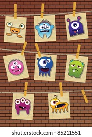 Collection of monsters on brick wall, vector