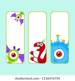 Collection monsters party banner cartoon style. Banner template with cartoon funny monster with space for text