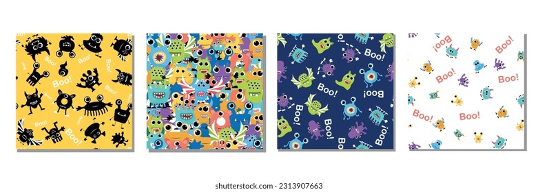 Collection of monsters, seamless pattern. Vector illustration for fabric, cover, package, wrapping paper, textile, for kids.