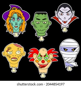 una colección de monstruos. imágenes vectoriales de una bruja, un vampiro, un frankenstein, una momia, un payaso malvado y un zombi. un conjunto de stickers para halloween