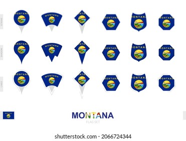 Collection of the Montana flag in different shapes and with three different effects. Vector flag set.