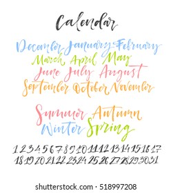 Collection of month and season names. Ink illustration. Modern brush calligraphy. Isolated on white background. 