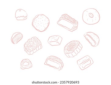 Collection of moon cakes in line art