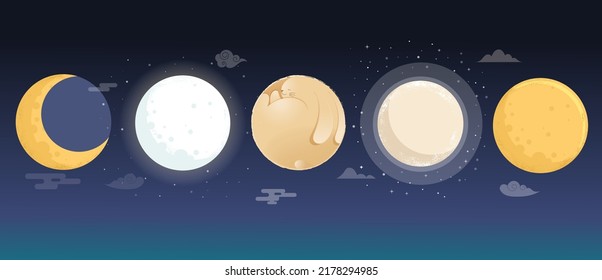 Collection of Moon and Full Moon illustrations. Great for Mid Autumn Festival, Full Moon Party. Vector design