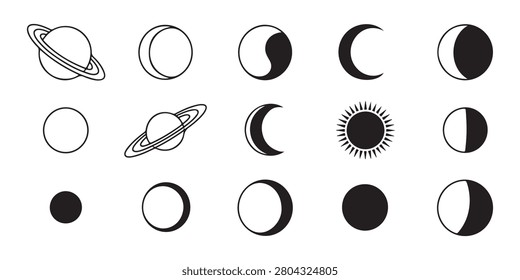 Collection of moon phases, planets, and sun vector icons, showcasing celestial elements in line and solid styles.
