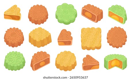 Collection of mooncakes of different shapes and colors. Traditional Asian cakes for the Mid-Autumn Festival. Round, square and half mooncakes, sweet cakes with egg filling.