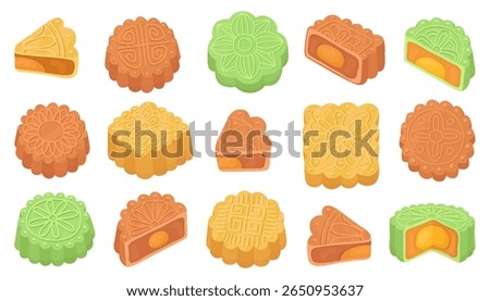 Collection of mooncakes of different shapes and colors. Traditional Asian cakes for the Mid-Autumn Festival. Round, square and half mooncakes, sweet cakes with egg filling.