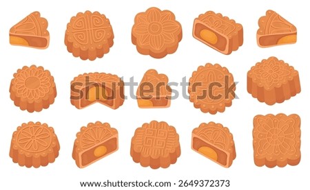 Collection of mooncakes of different shapes. Traditional Asian cakes for the Mid-Autumn Festival. Round, square and half mooncakes, sweet cakes with ornaments and yellow egg filling. 