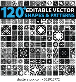 Collection of more than hundred black and white patterns and shapes. Editable vector illustrations for tiles, wrapping paper, wallpaper, pattern fills, web background, surface textures.