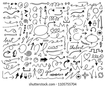 Collection of more than one hundred of vector hand drawn arrows symbols.