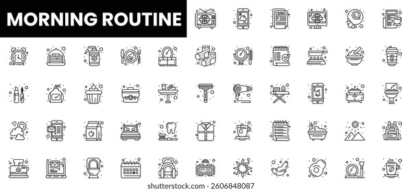 A collection of morning routine icons illustrating daily activities and essentials.