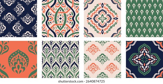Collection of Moroccan style seamless pattern. Creative mediterranean interior design. Ethnic ornament swatch set. Azulejos tiles vector illustration. Modern Spanish talavera.