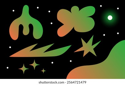 Collection of morphing abstract geometric shapes and elements in space. Modern, minimalist contemporary primitive geometric shapes and elements. Vector concept design illustration.