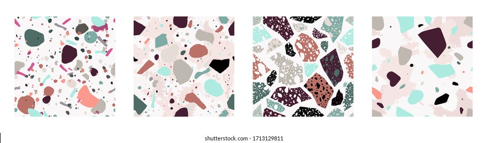 
Colección de texturas geométricas de mosaico. Conjunto de patrones sin fisuras con arañas o rociadores coloridos. Ilustración vectorial creativa para fondo, impresión textil.Conjunto de texturas estilo Terrazo.