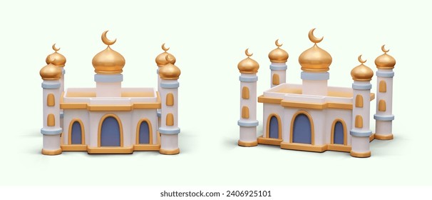 Collection with mosque in different position. Building for prayers, traditional rituals in Islam and Muslim. Celebrating Ramadan concept. Vector illustration in 3d style