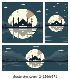 Collection of Mosque Silhouette Backgrounds with Mountains and Full Moon in the Background
