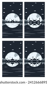 Collection of Mosque Silhouette Backgrounds with Mountains and Full Moon in the Background
