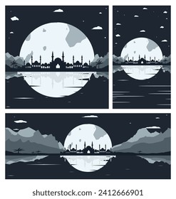 Collection of Mosque Silhouette Backgrounds with Mountains and Full Moon in the Background

