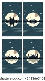 Collection of Mosque Silhouette Backgrounds with Mountains and Full Moon in the Background
