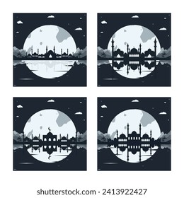 Sammlung von Moschee-Silhouettenhintergründen mit Bergen und Vollmond auf dem Hintergrund
