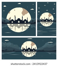 Collection of Mosque Silhouette Backgrounds with Mountains and Full Moon in the Background
