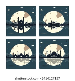 Collection of Mosque Silhouette Backgrounds with Mountains and Full Moon in the Background
