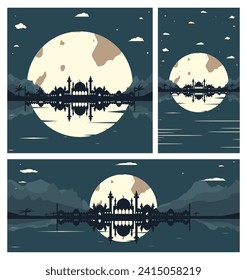 Collection of Mosque Silhouette Backgrounds with Mountains and Full Moon in the Background
