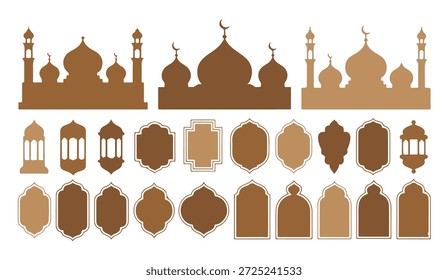Coleção de silhueta de mesquita, lanternas islâmicas, quadros e formas de arco usando paleta de cores marrom monocromático