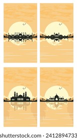 Collection of Mosque Silhouette with Mountains and Sunset in the Background
