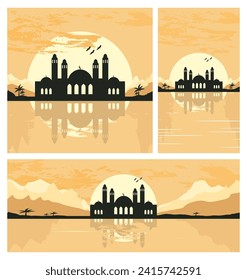 Collection of Mosque Silhouette with Mountains and Sunset in the Background
