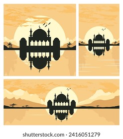 Collection of Mosque Silhouette with Mountains and Sunset in the Background
